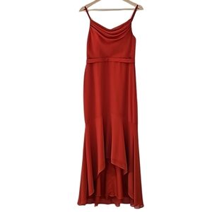 Azazie Mermaid Scoop Cowl Chiffon Asymmetrical Dress in Paprika